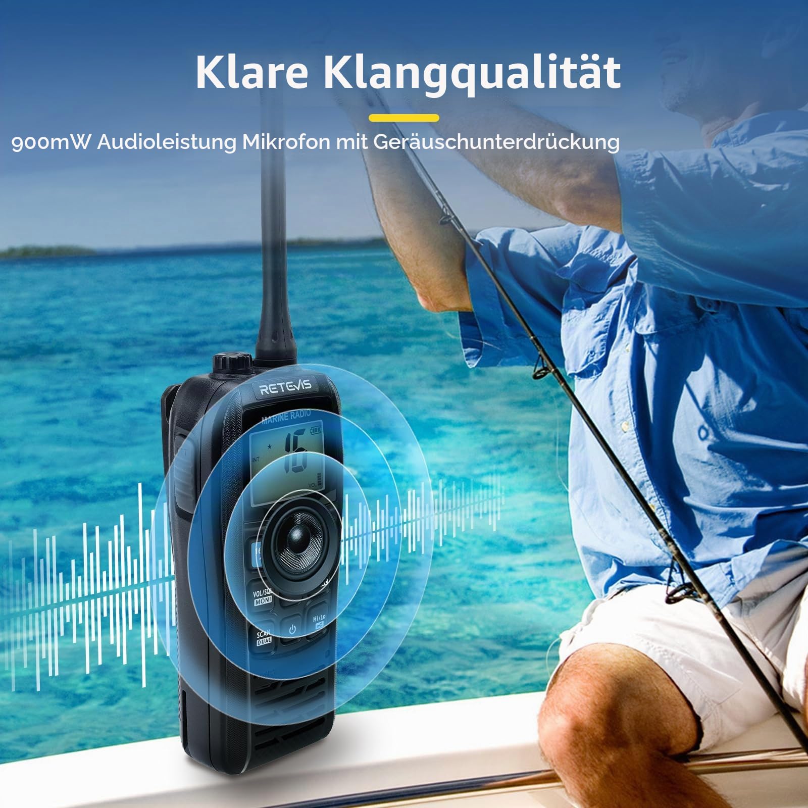 Retevis RM22 Marine Radio, Seefunkgerät mit Großer Reichweite für Angeln | IP67 Wasserdichtes Handfunkgerät, 2200 mAh, 900 mW Audio, Schwimmend Alarmierend für Kajakfahren(1 Stück)