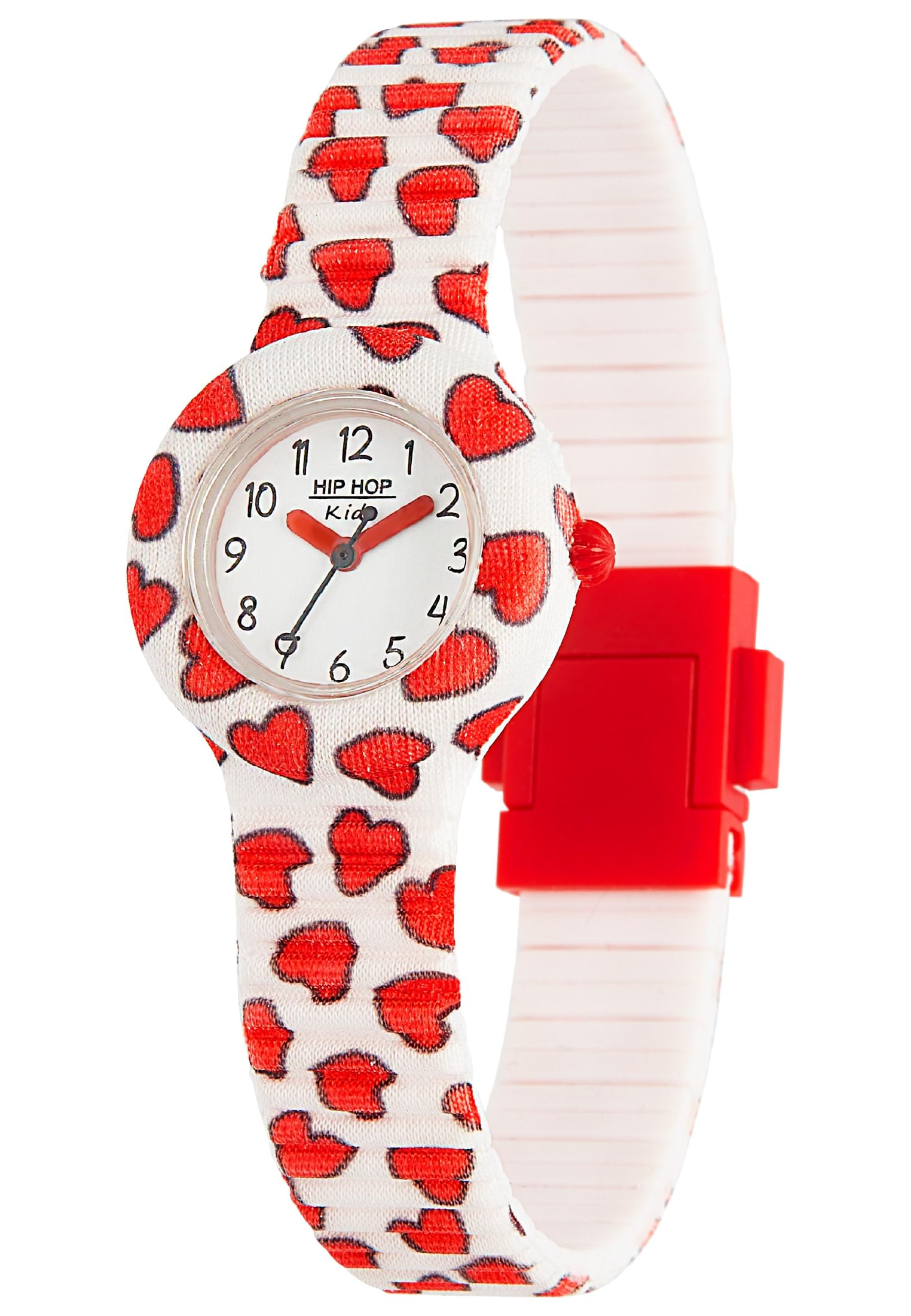 Hip Hop, Collezione Happy Love, Orologio Bambina, con Cinturino in Silicone Intercambiabile, Pratica Chiusura, Lunetta Bianca, Numeri Neri, Cassa 28 mm, Movimento al Quarzo, Bianco con Cuoricini Rossi