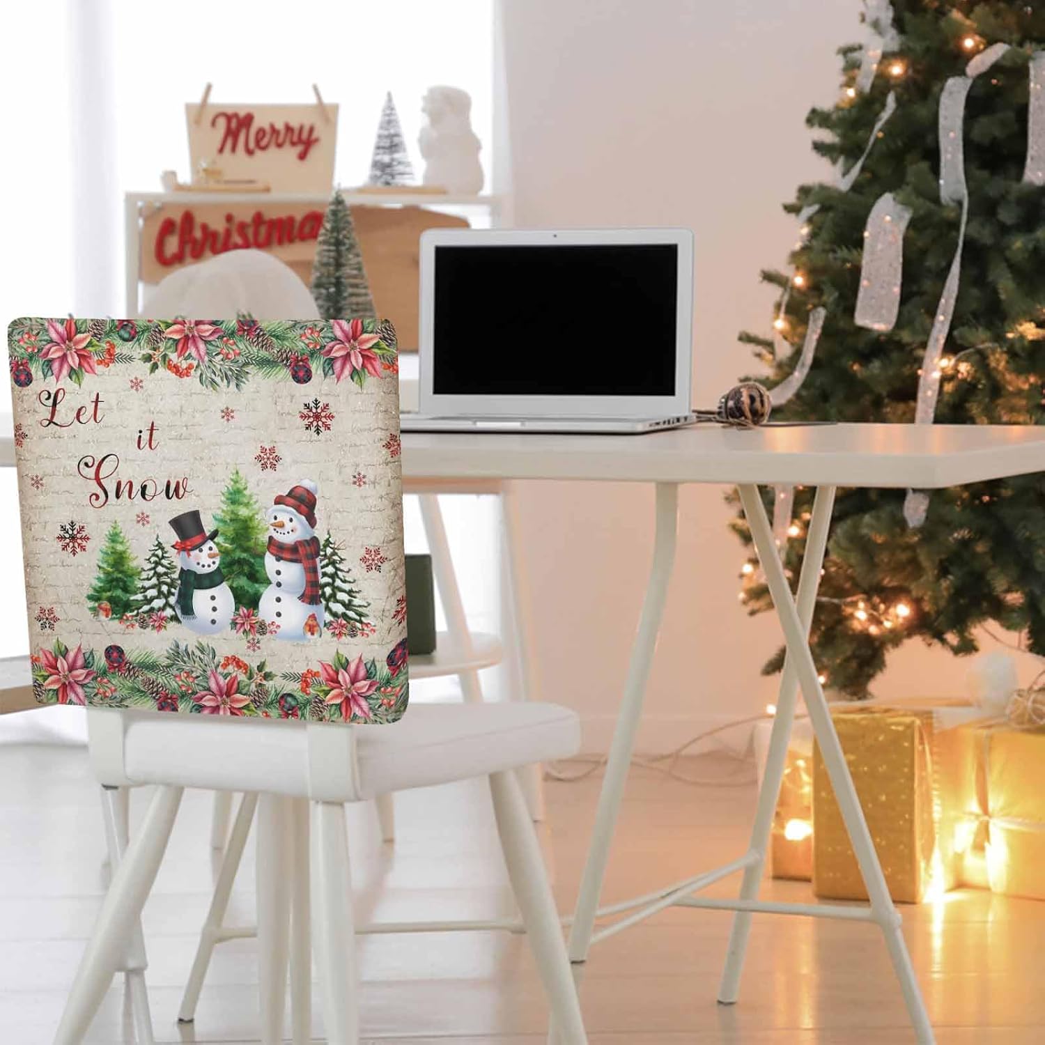 4Pcs Chair Back Covers for Dining Chairs Christmas Snowman Poinsettia Snowflakes Vintage Removable Washable Chair Cover for Home Kitchen Restaurant Party Holiday Decoration