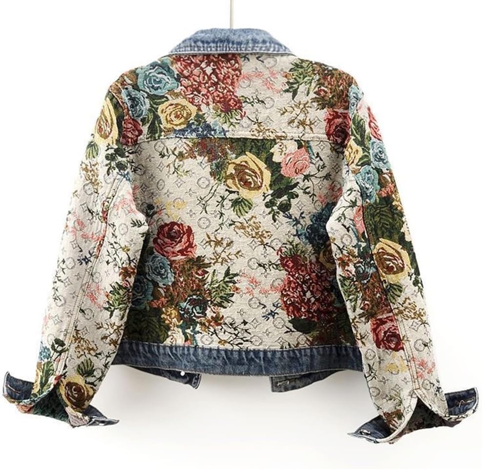 Women Flower Print Jean Jacket, 2025 Autumn Y2K Long Sleeve Button Down Lapel Cropped Denim Outerwear