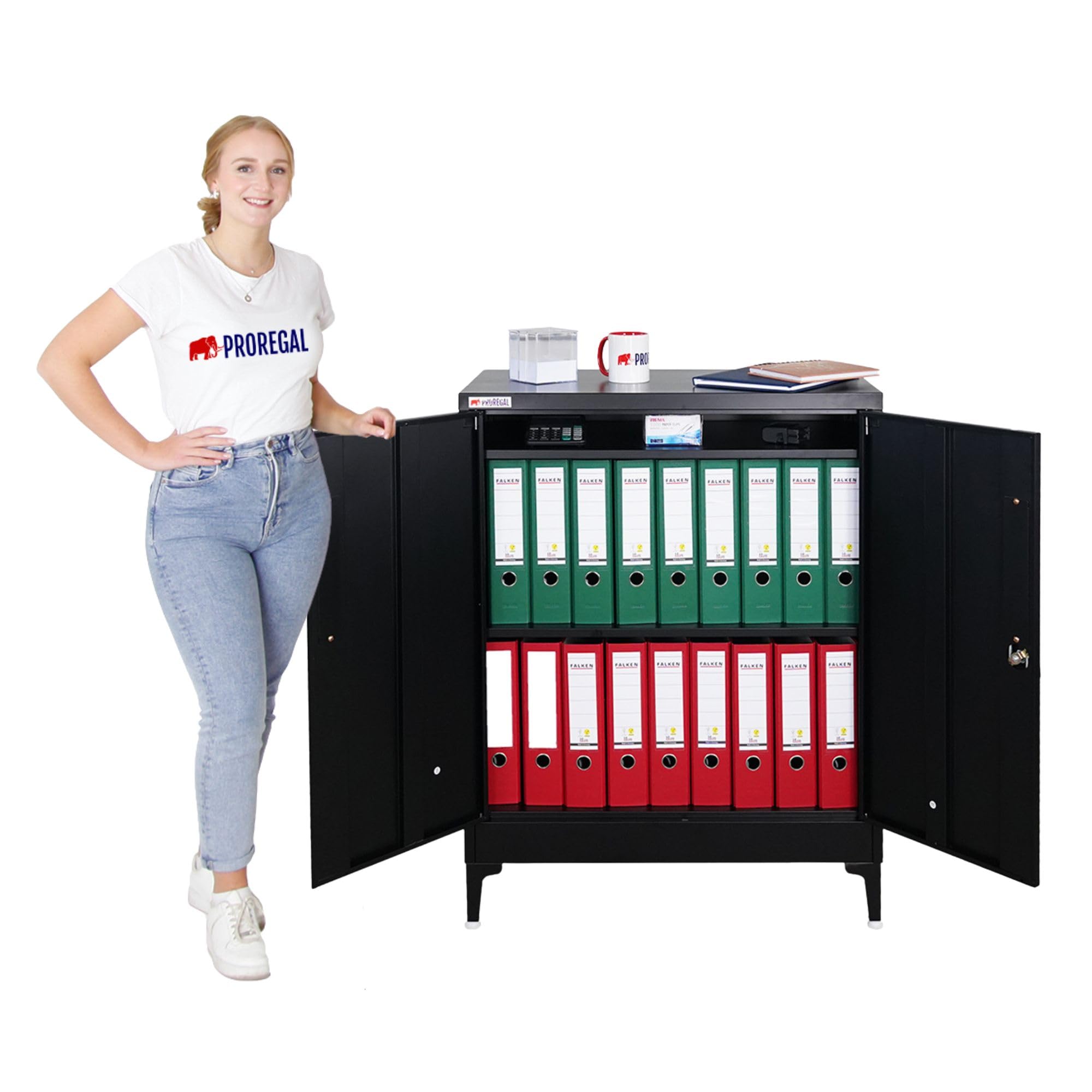 PROREGAL Aktenschrank Elephant abschließbar aus Metall mit Beinen & 2 Türen 80 cm breit 2 Ebenen Schwarz Mehrzweckschrank 103x80x40cm Büroschrank Metallschrank Aufbewahrungsschrank Ordnerschrank