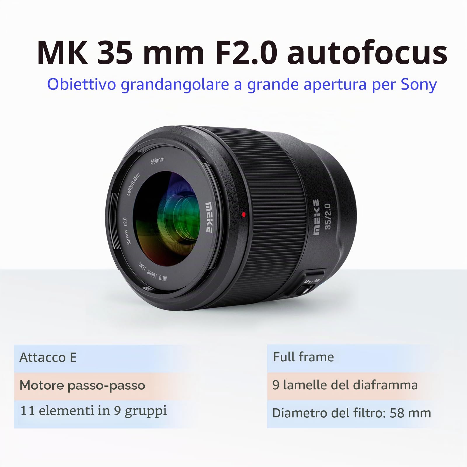 Meike Obiettivo 35 mm F2.0 Full Frame AF STM (motore passo-passo) con ampia apertura di messa a fuoco automatica e obiettivo fisso per fotocamere mirrorless Sony E-Mount A9 A7III A7II A7 A7R3 A7R4