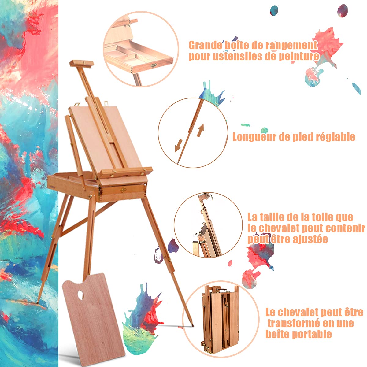 Relax4life Chevalet d'artiste Trépied en Bois Massif Hauteur Réglable 114-183cm avec Tiroir et Sangle, Support de Chevalet Convertible en Boîte Portable pour Artiste, Étudiant et Débutant, Marron