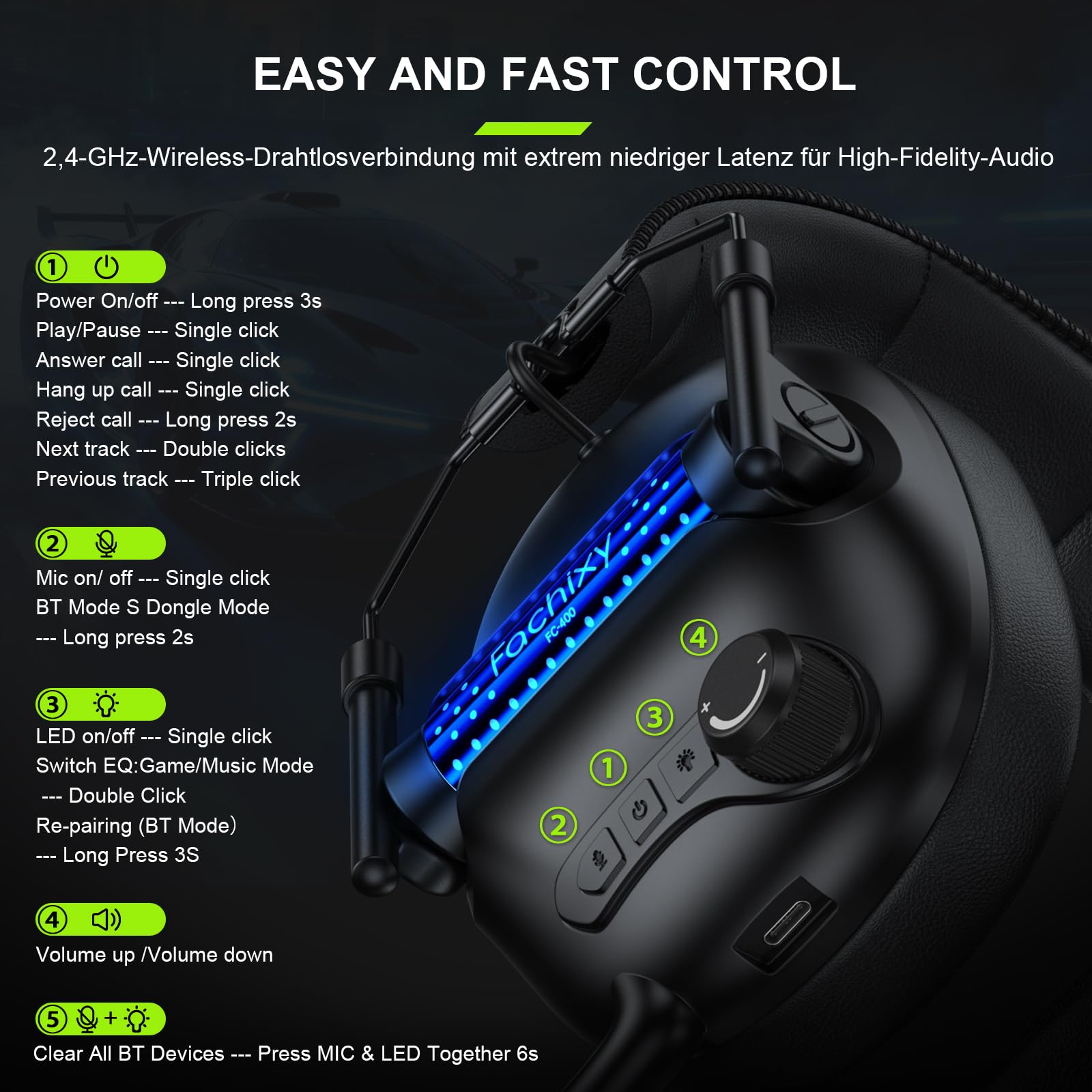 Fachixy Gaming Headset Wireless Für Xbox Series X|S|One, PC, PS5, PS4, Switch, 2.4GHz & Bluetooth 5.4 Headset Kabellos mit Mikrofon, Geringe Latenz Noise Cancelling, Faltbar, 50H Akkulaufzeit
