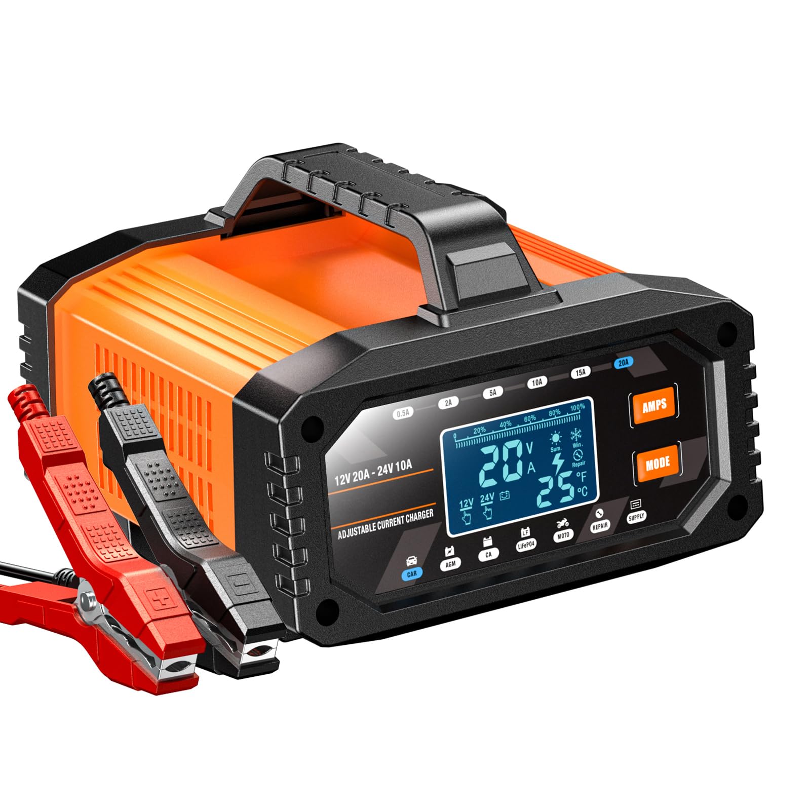 Yctze Caricabatterie Intelligente 12V 20A 24V 10A Caricabatteria per Auto Regolabile Manutentore di Mantenimento Automatico con Modalità di Riparazione a Impulsi per Auto Moto Cam (Spina europea)