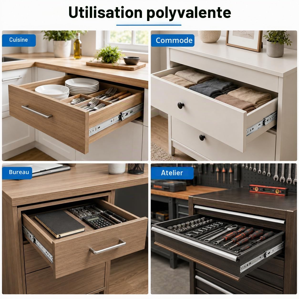 Ikodm 4 Paires 8 Pièces Glissières de Tiroir 60cm à Sortie Totale, Coulisses Télescopiques avec Amortissement, Guidage à Billes, jusqu’à 45 kg par Paire