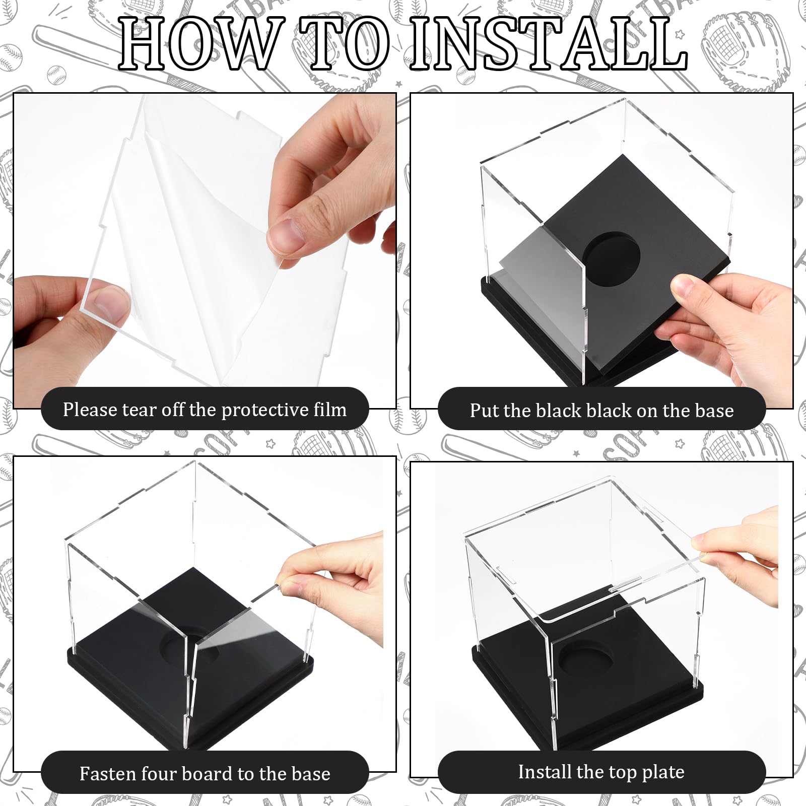 Baderke 2 vitrinas de sóftbol de acrílico para sóftbol, soporte de béisbol, protección UV, caja de bolas de recuerdos, cubo transparente para almacenamiento de pelotas deportivas (retira la película