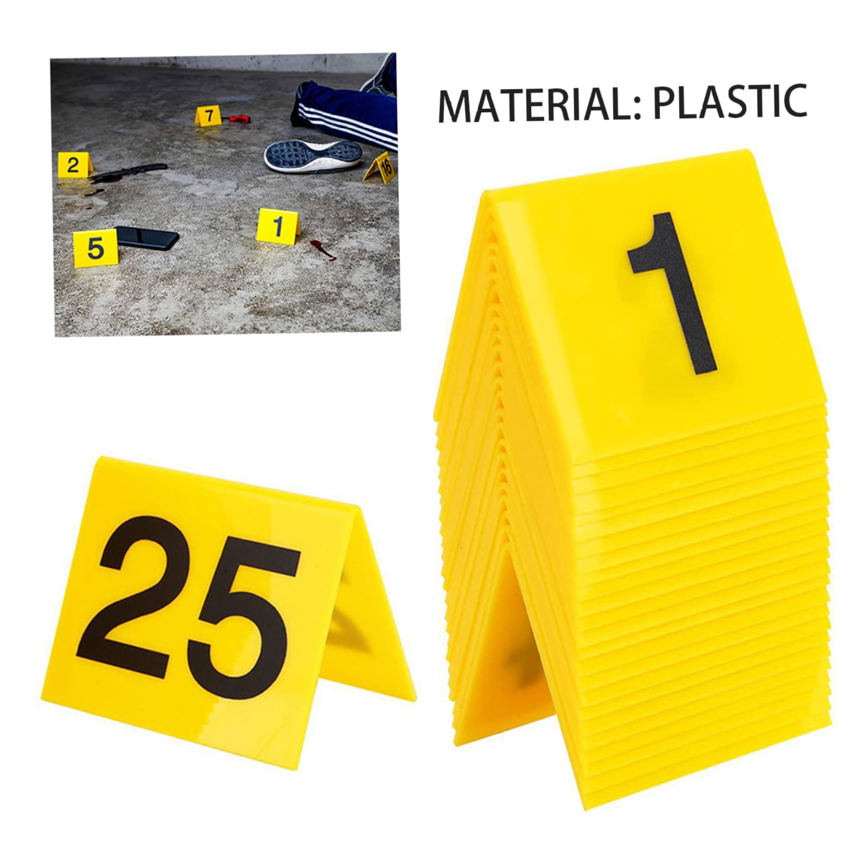 Segnali di Scena del crimine 25pcs 2.95x3.54 Pollici Evidenza Foto Mark Scene Card Decorazioni di Halloween 1-25 Numero, Spy Detective