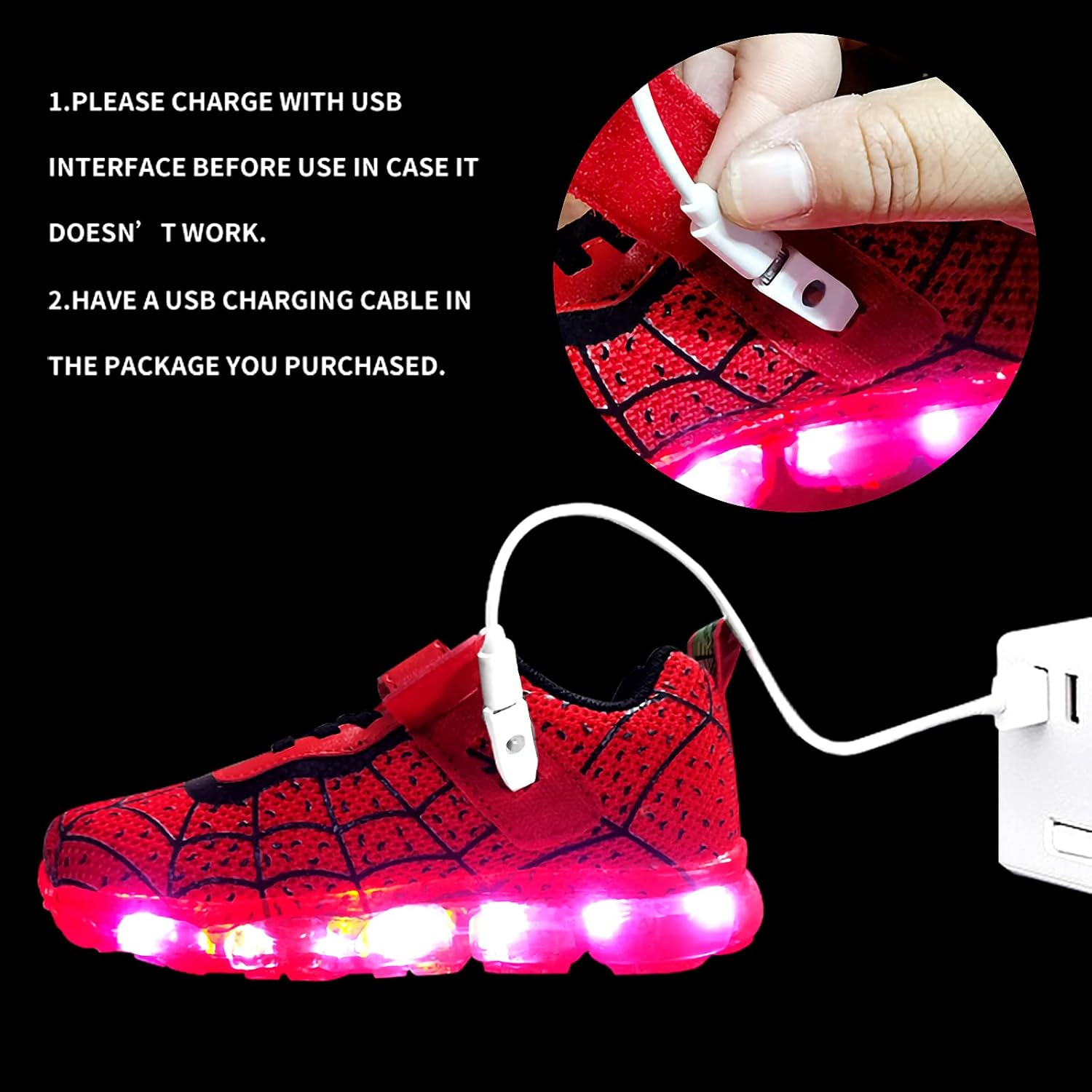 YUNICUS Kids Light Up Shoes Led Flash Sneakers with Spider Upper USB Charge for Boys Girls Toddles Best Gift for Birthday Thanksgiving Christmas Day - Image 5