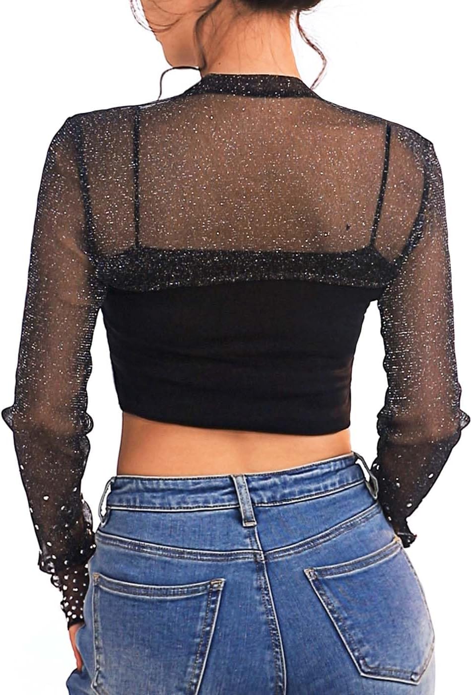 JAKAWIN Women’s Sheer Mesh Bolero Black Glitter Shrug - Image 6