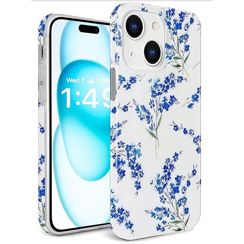 J.west Floral Compatible with iPhone 15 Plus Case, Soft TPU Design, Cute Flower Pattern Shockproof Bumper Phone Case Cover for Women & Girls - 6.7" Blue