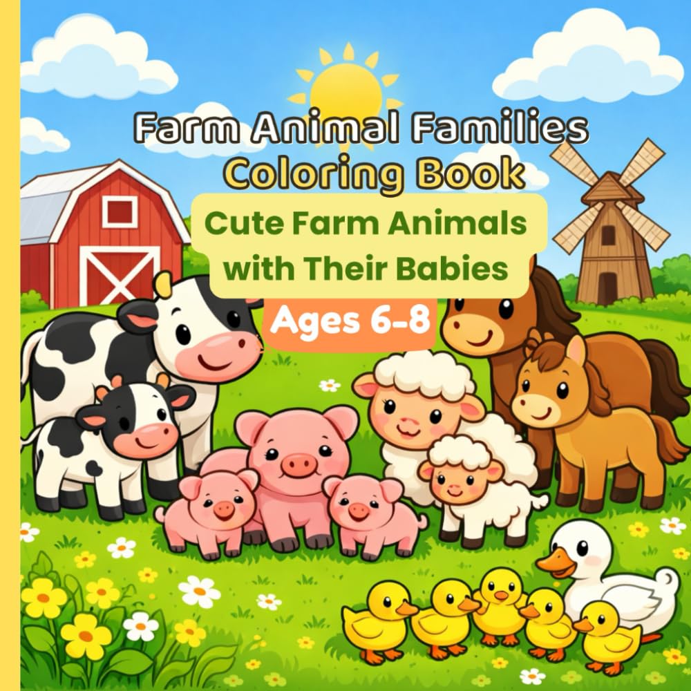 Farm Animal Families Coloring Book: Cute Farm Animals with Their Babies for kids aged 6-8