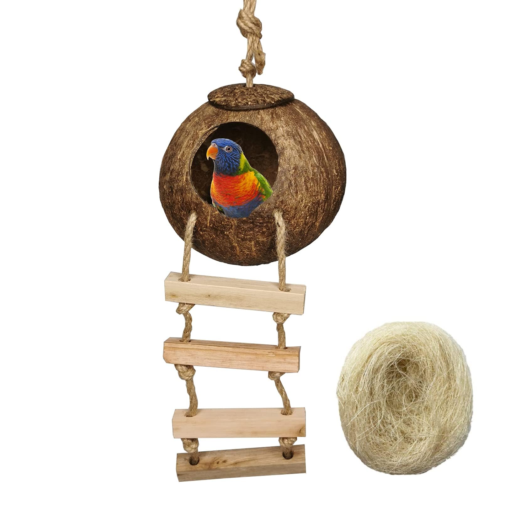 Hanging Bird House with Ladder Natural Coconut Fiber Shell Bird Nest Breeding for Parrot Parakeet Lovebird Finch Canary Coconut Hide Bird Swing Toys