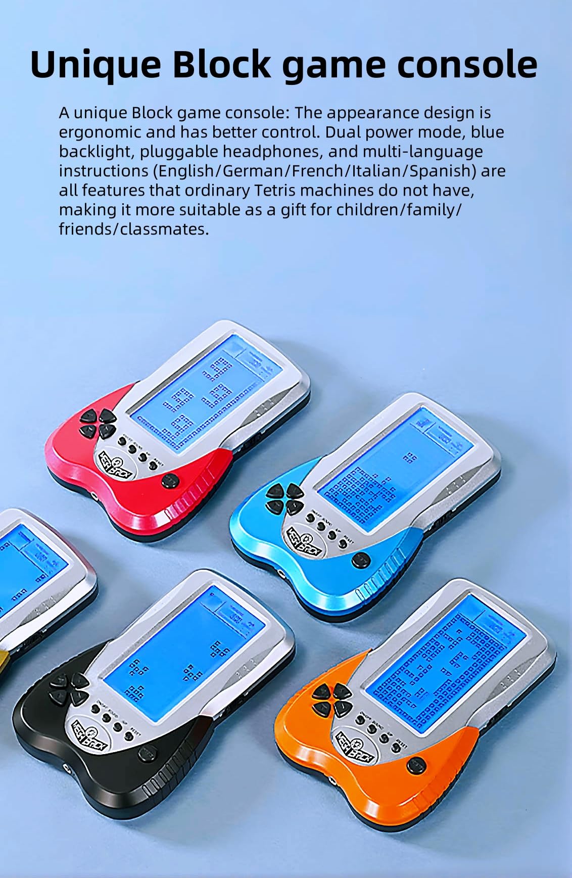 Console de Jeux Block Jeux de Réflexion Intégrés Double Mode d'alimentation Rétroéclairage Bleu Batterie puissante Jeux électroniques Portables Jouet Rétro Nostalgique/Cadeau de Noël (Bleu)