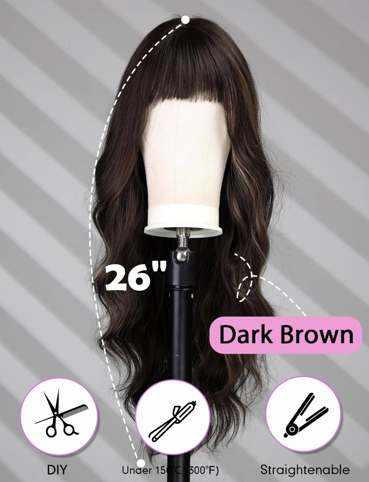 WOKESTAR Long Dark Brown with Highlights Wigs for Women Synthetic Hair Wavy Wig with Fringe, average size - Image 4