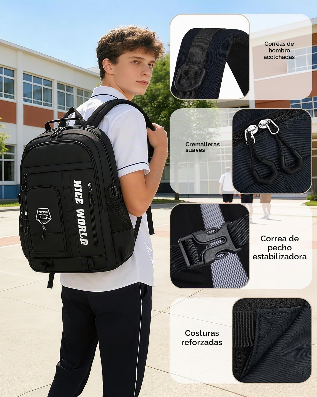 Amythe Mochila Escolar Niño Adolescente, Ligera Grande Negro
