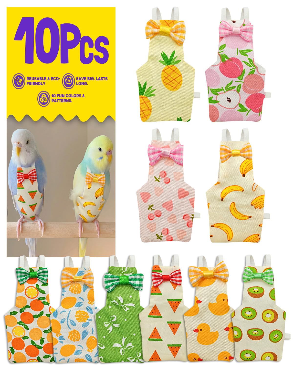 Photo 1 of 10 Pack Reusable Bird Diapers – Washable Parrot Nappy with Waterproof Lining & Adjustable Straps for Pigeons, Cockatiels, Conures, Parakeets, Budgies, and Small Birds (L)