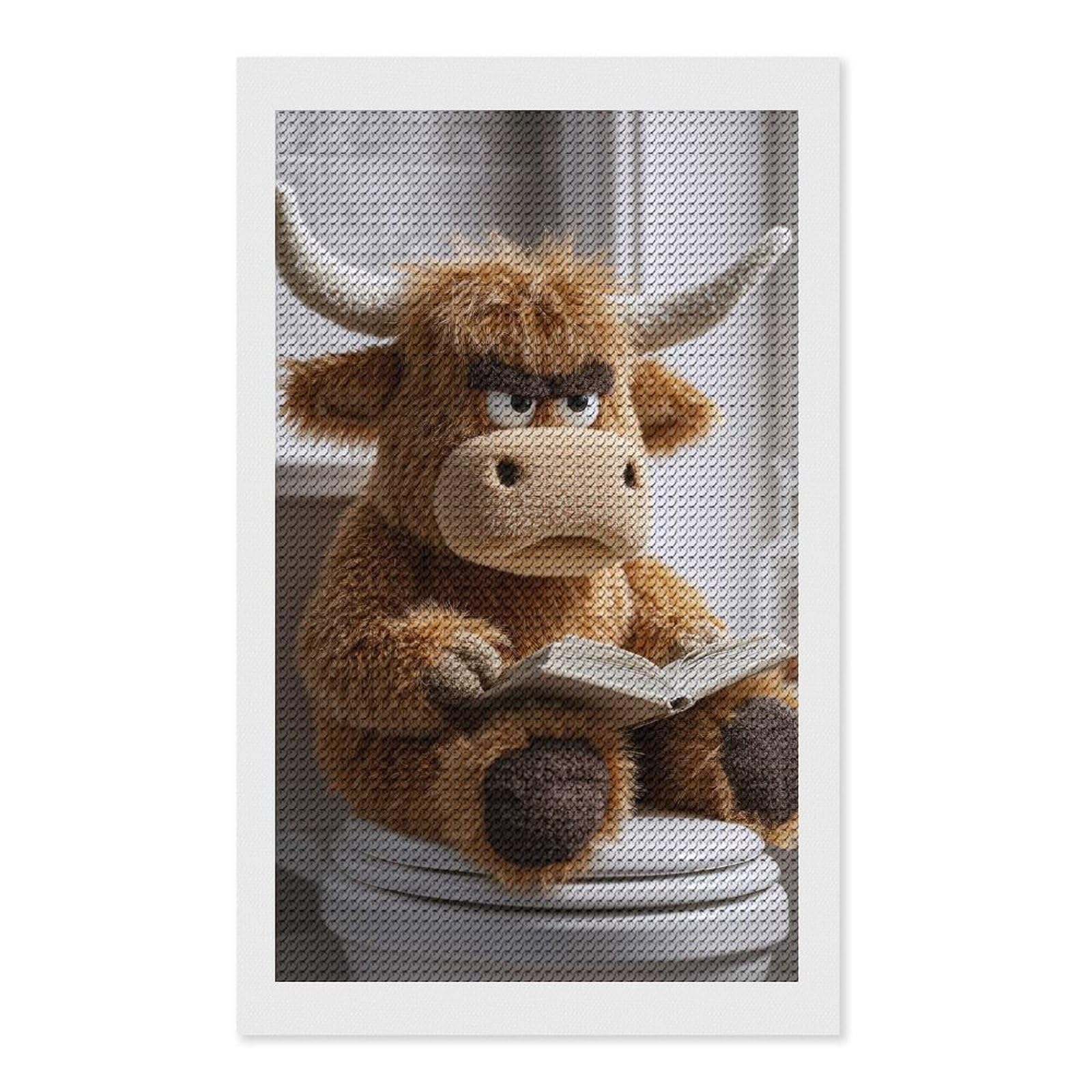 Junmoney Grumpy Highland Cow Reading on Toilet DIY Diamond Art Canvas Kit 12"x20", Christmas Gift, for Family Craft Time, Leisure Activity, Home Wall Art