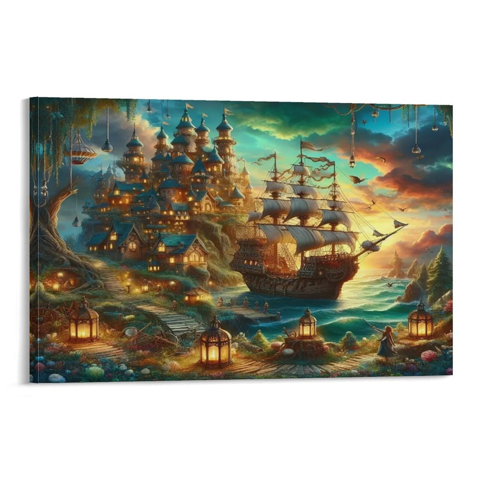 Snowy Ship Sailing Under Moonlit Sky with Roses 1 Piece Pirate Ship Glowing Fantasy Coastal Village Framed Canvas Print - Living Room Focal Point Ready to Hang Gallery Wall Decor 20x30inch(50x75cm)