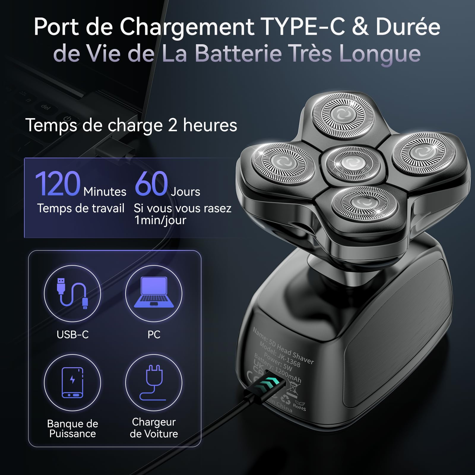 Kensen Rasoir Tete Chauve Homme 5D Tondeuse Cheveux Hommes Chauve 120 mins d'autonomie Tondeuse Crane Chauve Étanche Rasoir Crane Sec & Humide avec Coupe-Poils de Vez & Écran LED & Peigne Limite