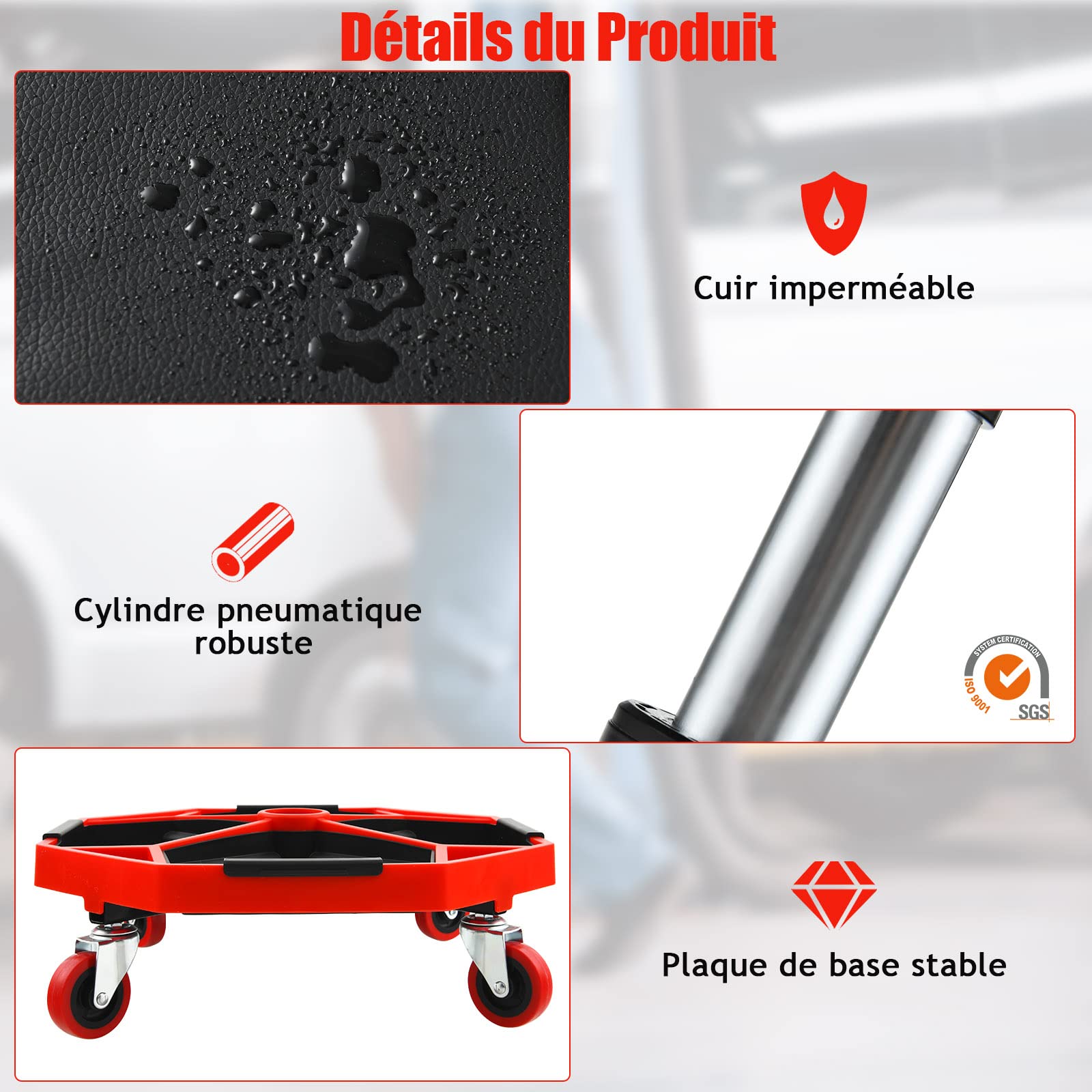 GYMAX Tabouret d'Atelier à roulettes, Charge Max 150KG, Tabouret à roulettes Réglable avec Rangement d'Outils, Siège Pivotant de Mécanicien pour Garage/Atelier, Noir et Rouge