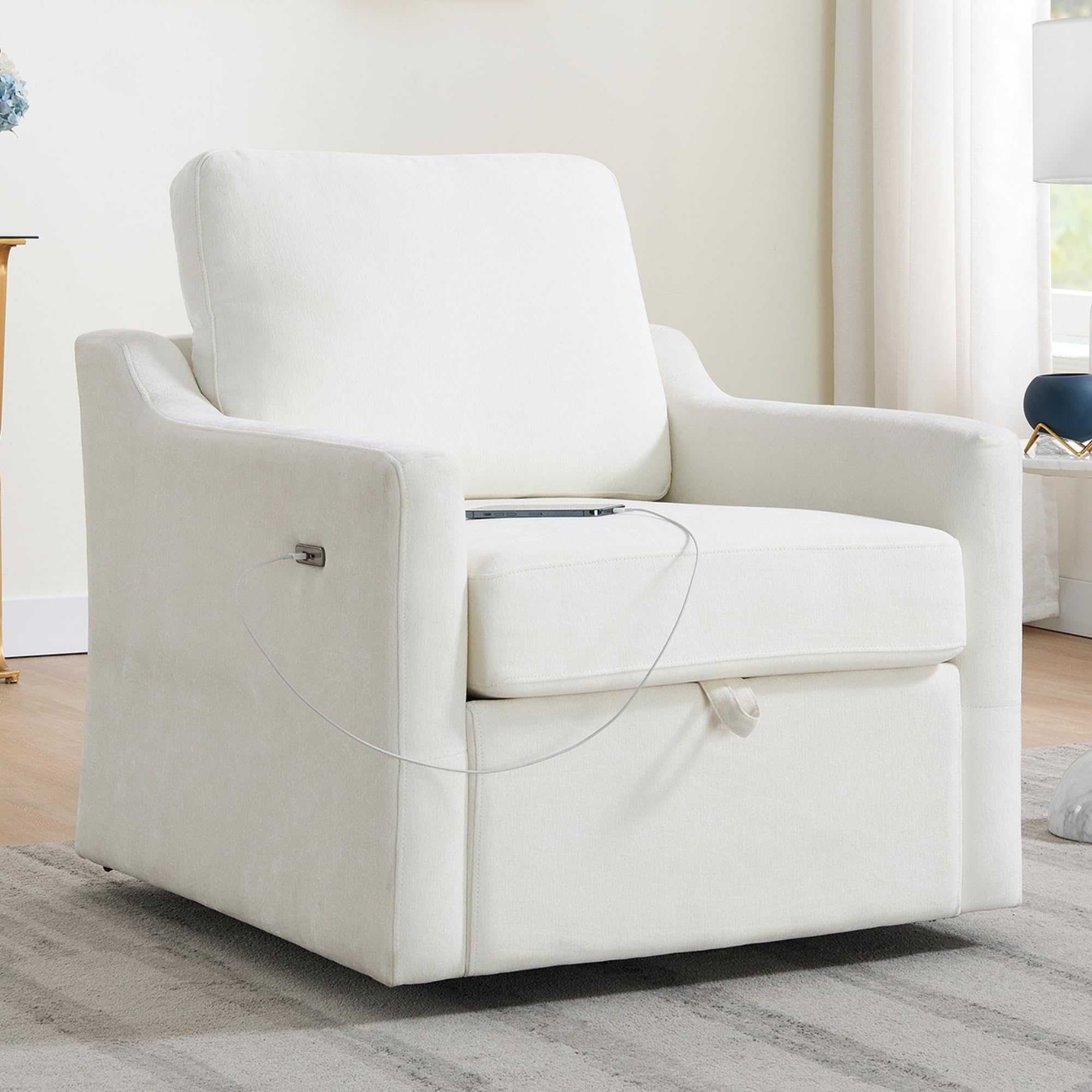QianYueLUX Swivel Accent Chair, 360° Swivel Comfy Upholstered Seat for Living Room, Bedroom, Office with Hidden Storage & Dual USB-C Ports, Chenille