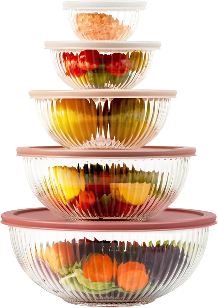 Glass Mixing Bowls with Lids Sets, 5 Packs Glass Bowls with Lids for Kitchen Baking, Meal Prepping and Salad, Bpa Free and Dishwasher Safe Serving Bowls, 0.2/0.5/1.1/2.1/3.7Qt