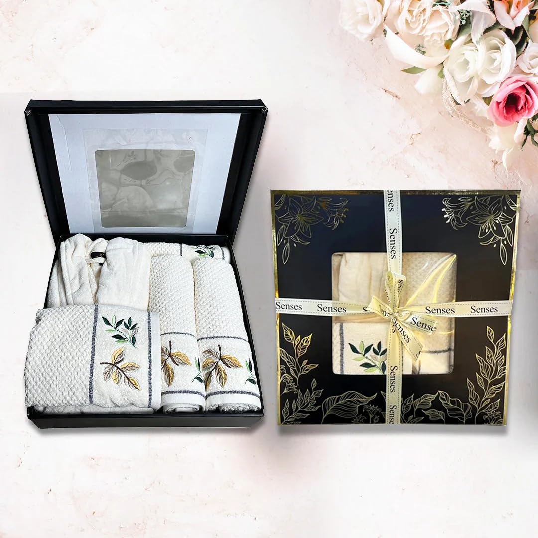 SENSES by Riba 5 Pcs Luxury Wedding Trousseau Gift Box Set - Plush Cotton Bathrobe, Embroidery Bath Towel Set, Hand Towel Combo - Ivory Color (Golden Leaf Embroidery Gift Set)-image-21