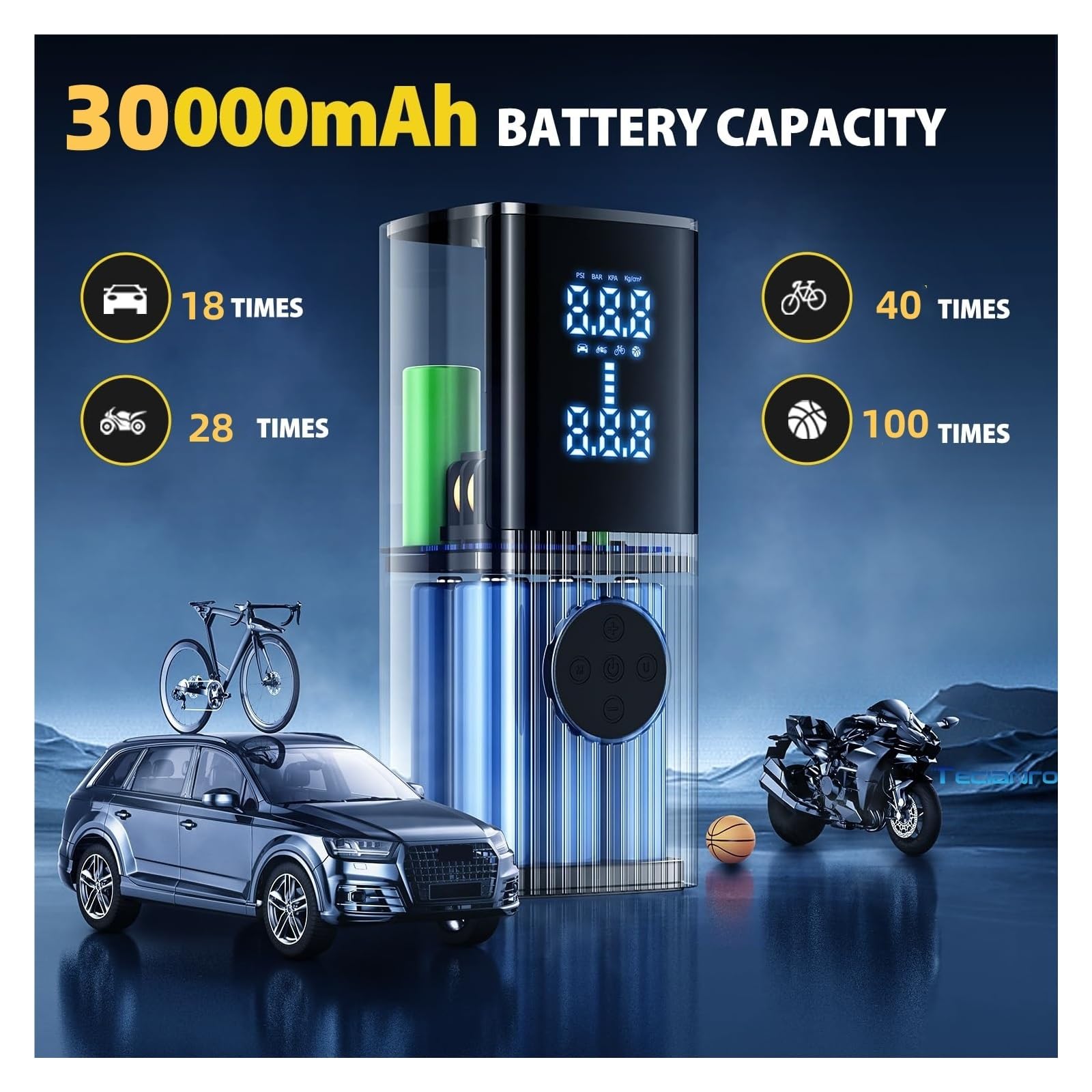 30000mAh 60L/min Samochodowa Pompa Powietrza Akumulatorowa Sprężarka Przenośna Elektryczna Inflator Pompka Do Rowera Szybkie Pompowanie Wysiłku
