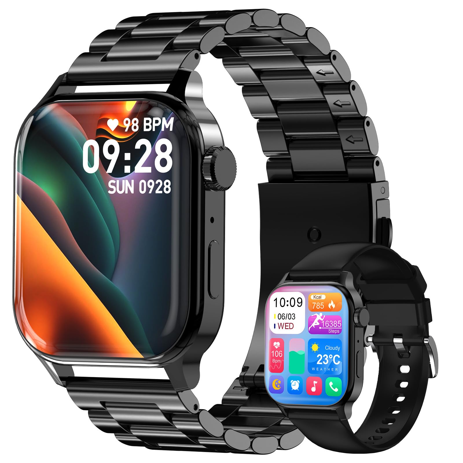 Smartwatch Uomo Donna con 2 Cinturini, 1.85" Orologio Digitale con Rispondi/Effettua Chiamate, 100+ Modalità Sportive Fitness Tracker con Monitoraggio del Sonno/Contapassi per IOS/Android