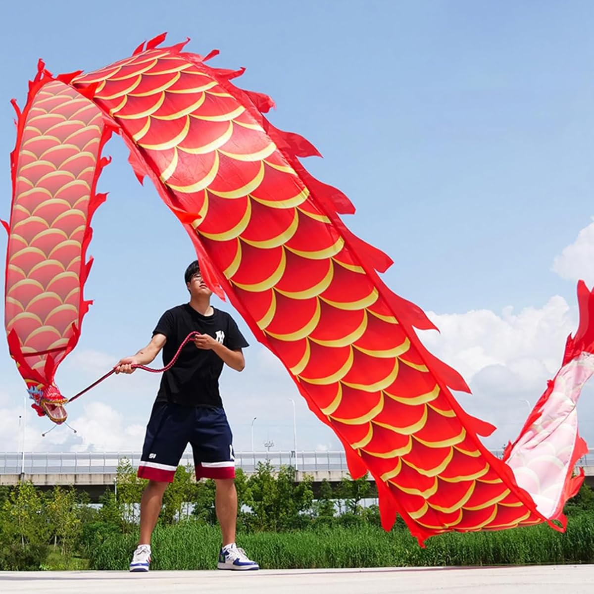 Lightweight Dragon Poi Set with Rainbow Twirler Silk Dragon Dance Ribbon, Gymnastics Shaking Poi Including Bag and Head for Kite Exercise Streamer,Red,10m(32.8ft)