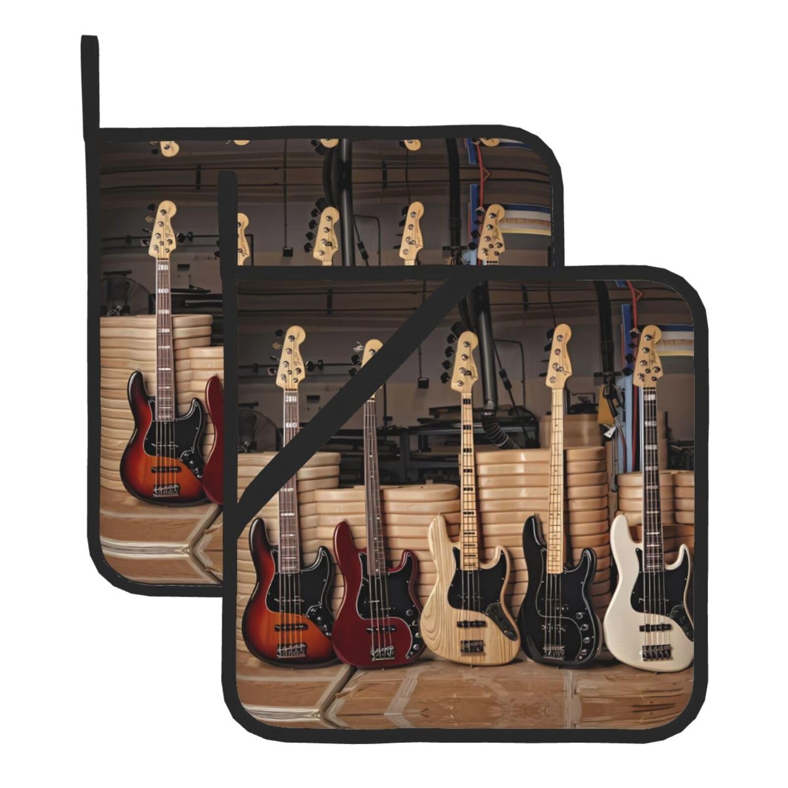 WHJSSF Guitar Bass Music Musical Instruments Prints Square Pot Holders - Heat Resistant Kitchen Trivets 2-Pack - Waterproof Covers for Hot Dishes, Oven & Grill with Hanging Loop