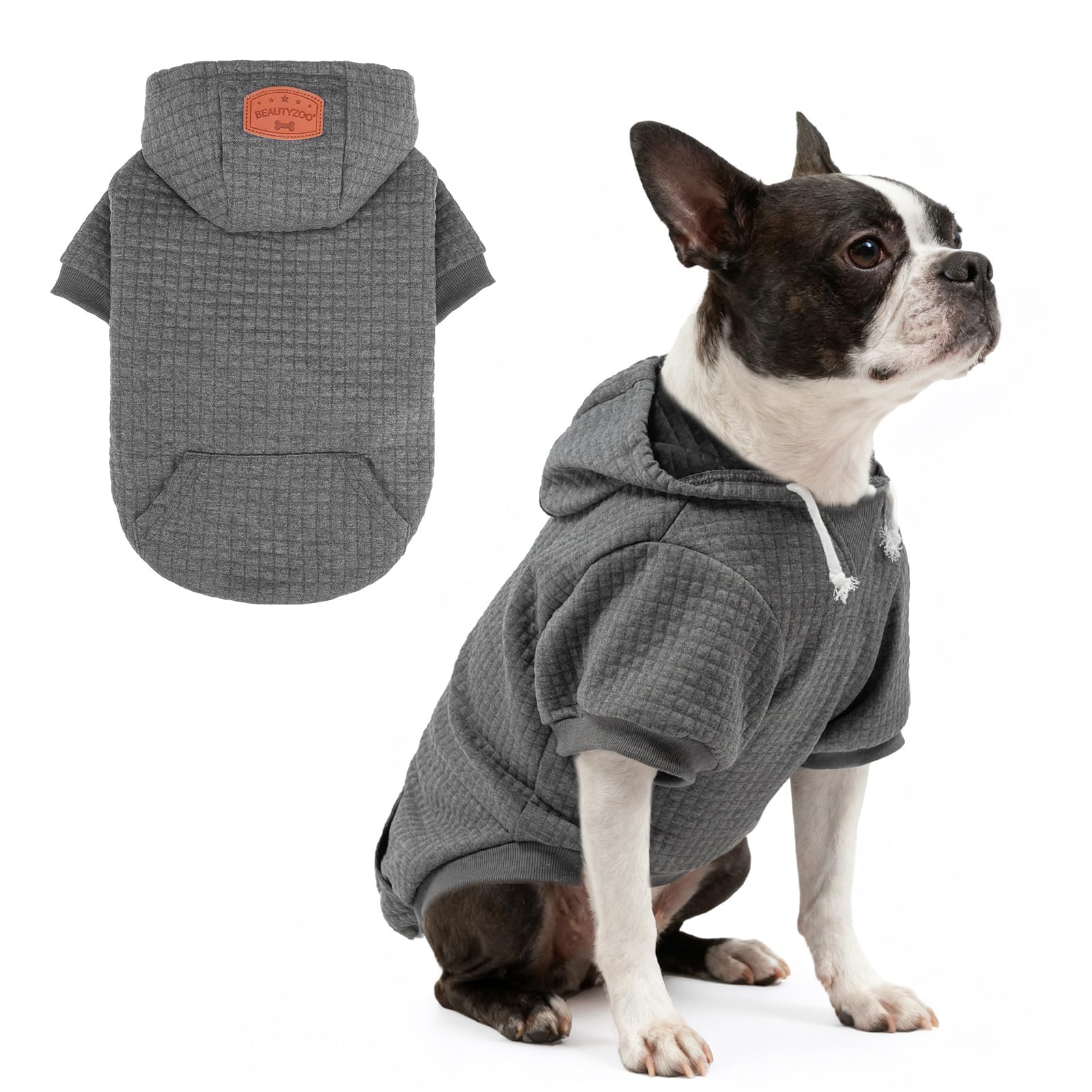 BEAUTYZOO Small Dog Hoodie Sweater with Pockets, Dog Clothes for Small Medium Dogs Boy Girl, Waffle-Like Laminated Cotton Pet Coats with Hat and Leash Hole, Dark Grey ML — image 1