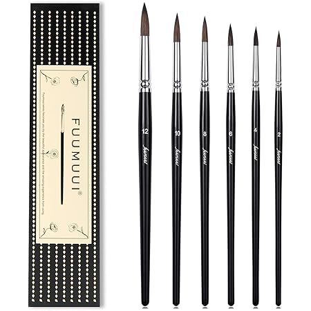 Squirrel Hair Watercolor Brushes, Fuumuui 6pcs Detail to Mop Watercolor Brushes Round Pointed Paint Brush Set High Water Holding Capacity Perfect for Watercolor Ink Gouache Painting