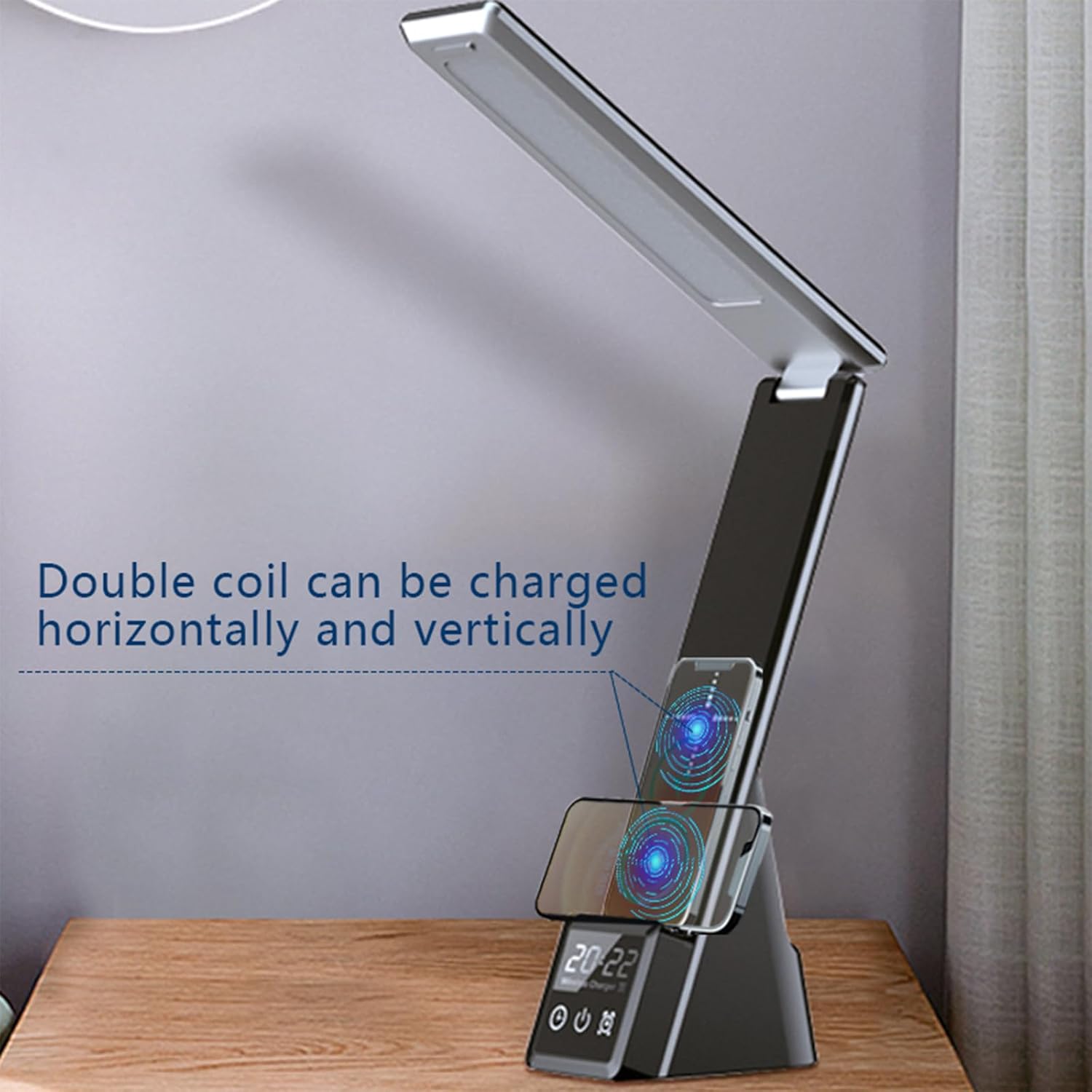 Multi-Functional Desk lamp with Wireless Charger, Featuring Clock, Alarm, Adjustable Lighting, and Supporting All wirelessly Chargeable Phones, Watches, and Earphones, N61 White.