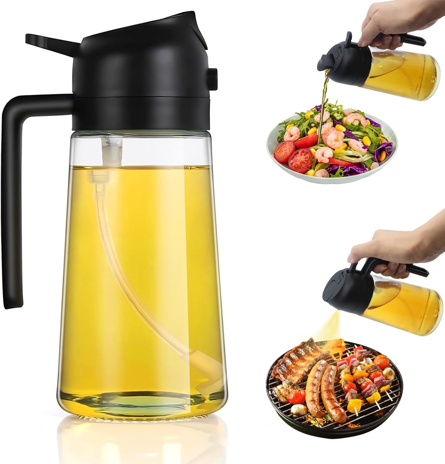 2 in 1 Ölsprüher für speiseöl, 470ml Öl Sprühflasche lebensmittelecht, Ölspray zum Kochen, Hochwertiger Öl Zerstäuber, Ölsprühgerät für Heißluftfritteuse (Schwarz)