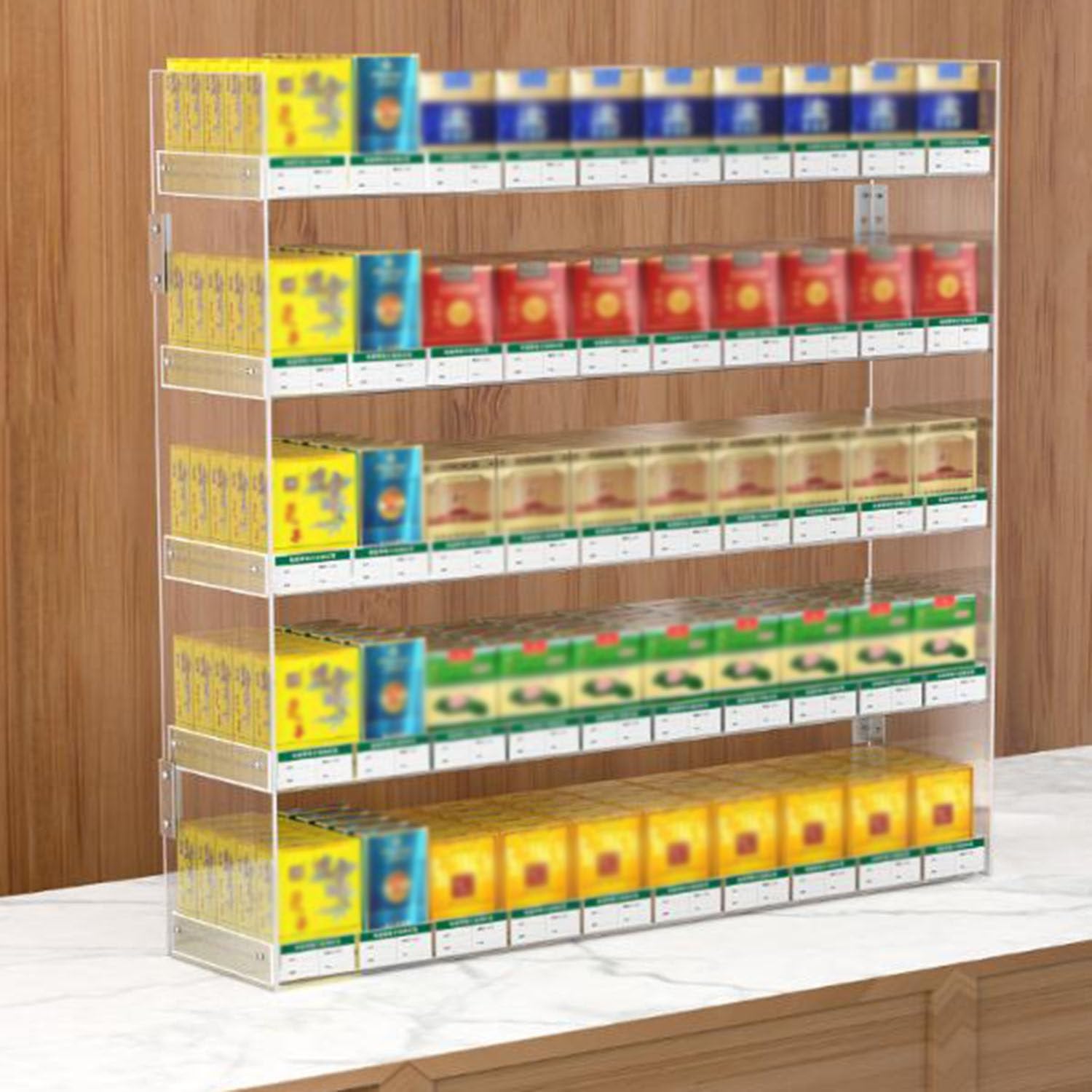 Présentoir à cigarettes avec poussoir pour éviter le désordre sur comptoir de magasin