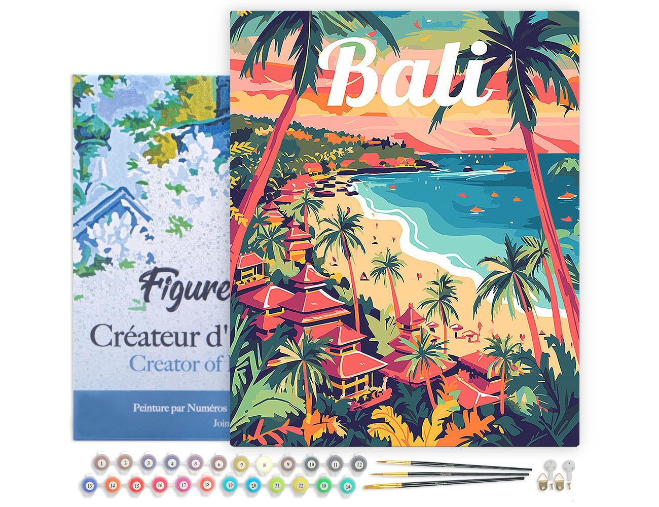 Figured'Art Peinture par Numéro Adulte avec Cadre Affiche de voyage Bali - Activité Manuelle Kit de Loisir Créatif DIY Numéro d'Art Complet - 40x50cm toile tendue sur châssis