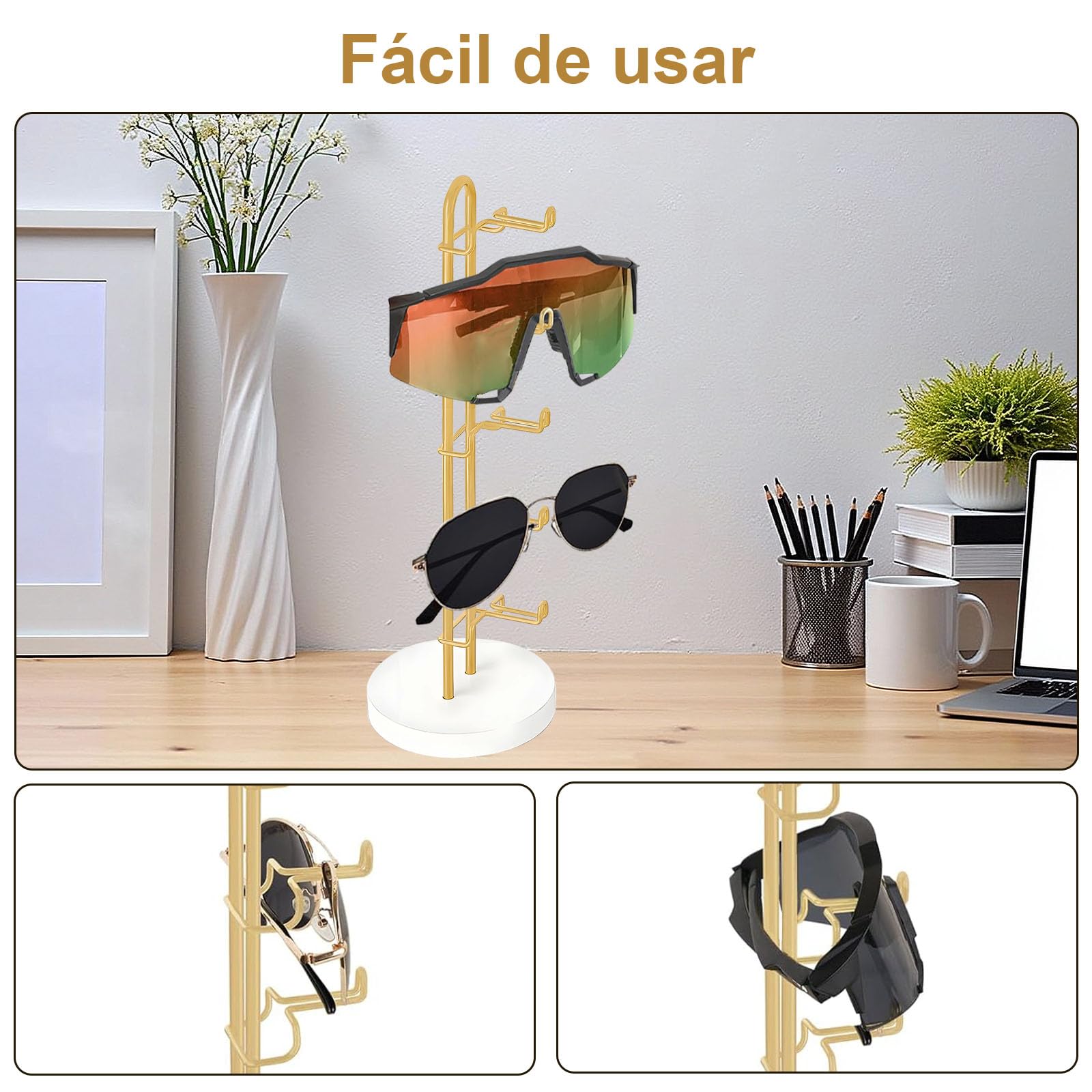 Soporte para Gafas de Sol Expositor Organizador Elegante de Metal con Base de Madera para 5 Pares