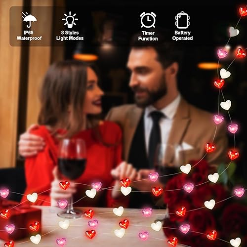 Miniatura 3 de Guirnalda de luces para decoración del día de San Valentín, paquete de 2 unidades en total de 26 pies, 80 luces LED de color blanco, rosa, rojo,