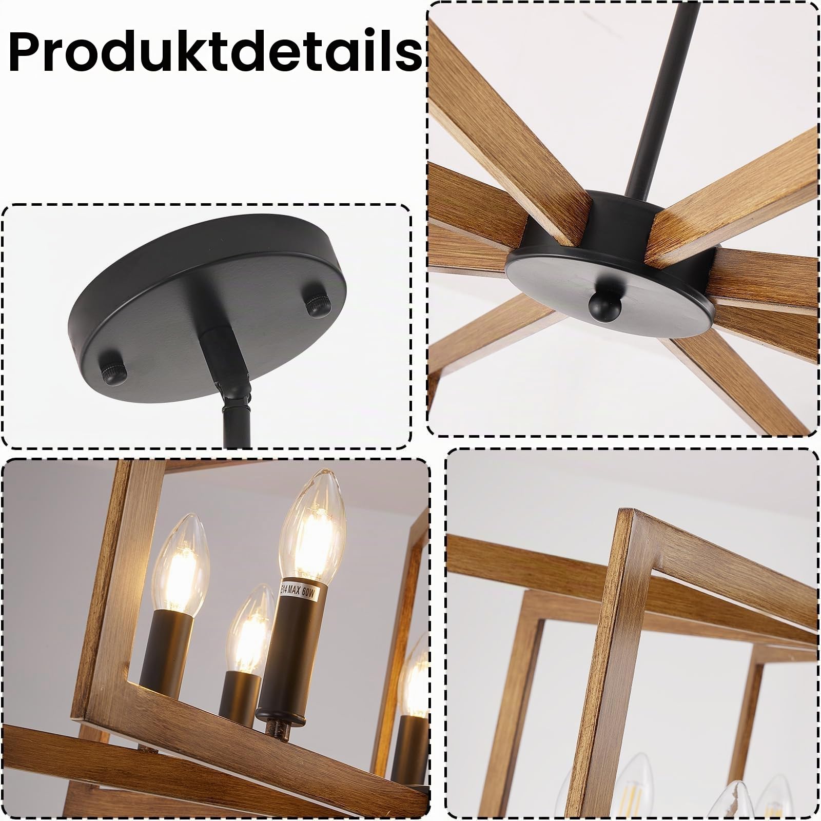 Vintage Deckenleuchte Schlafzimmer,E14 Geometrische Bauernhaus Pendelleuchte 8 Licht Industrielle Metall Deckenleuchten Wohnzimmer FüR KüCheninsel Flur Esszimmer Eingang (Schwarz, Holz)
