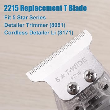 2215 Replacement T Wide Blades for Wahl 5 Star Detailer Li Trimmer 8081 and 8171 - Adjustable Stainless- Zero-Gap Blade, Silver, Steel