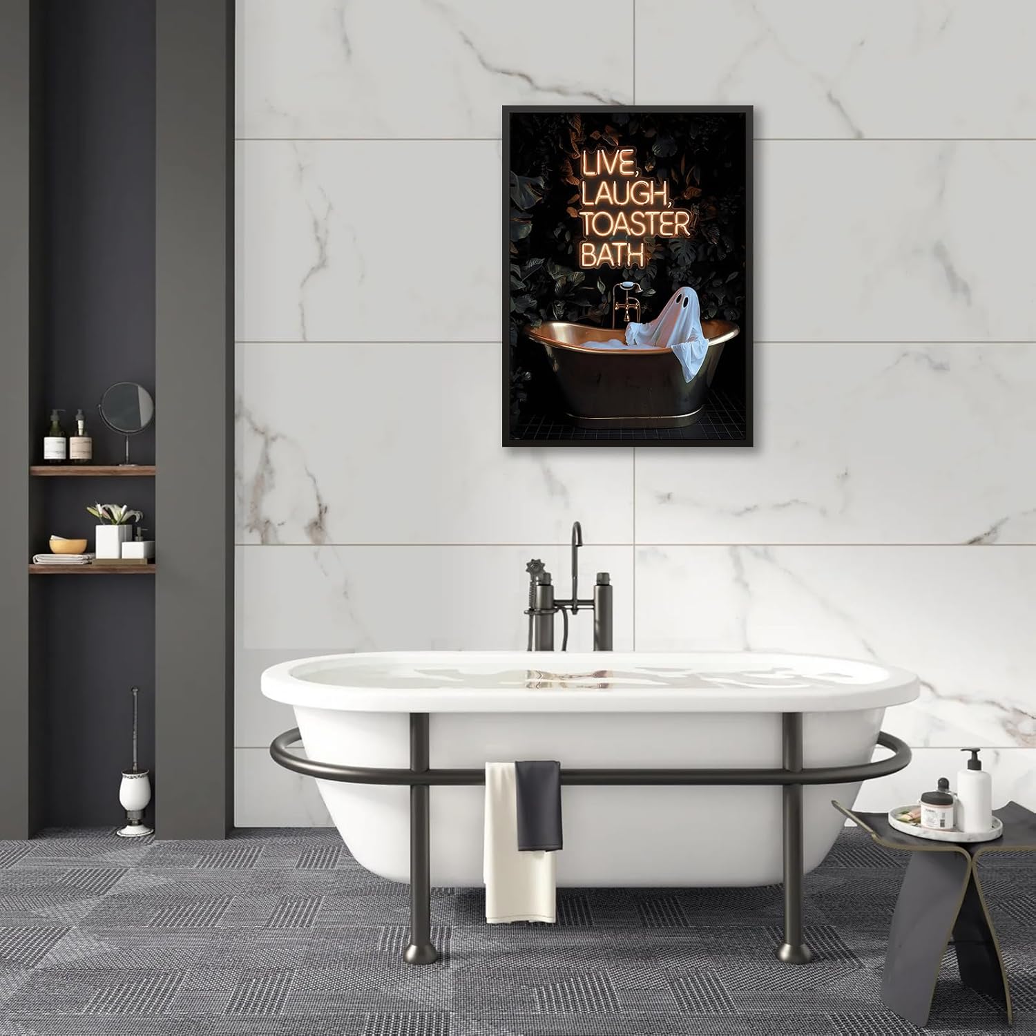 Halloween Wall Art Cute Ghost In Bathtub Picture Live Laugh Toaster Bathroom Ghost Posters Dark Gothic Spooky Print 16x24in Black Framed for Farmhouse Toilet Restroom Decor