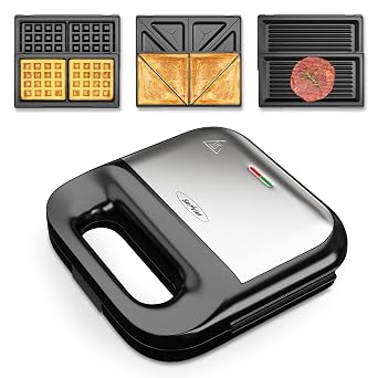 Waffle Iron, Panini Press Grill and Sandwich Maker Set, 3 in 1 Electric Sandwich Press with Removable Non-Stick Plates, Indicator Lights & Cool Touch Handle 750W
