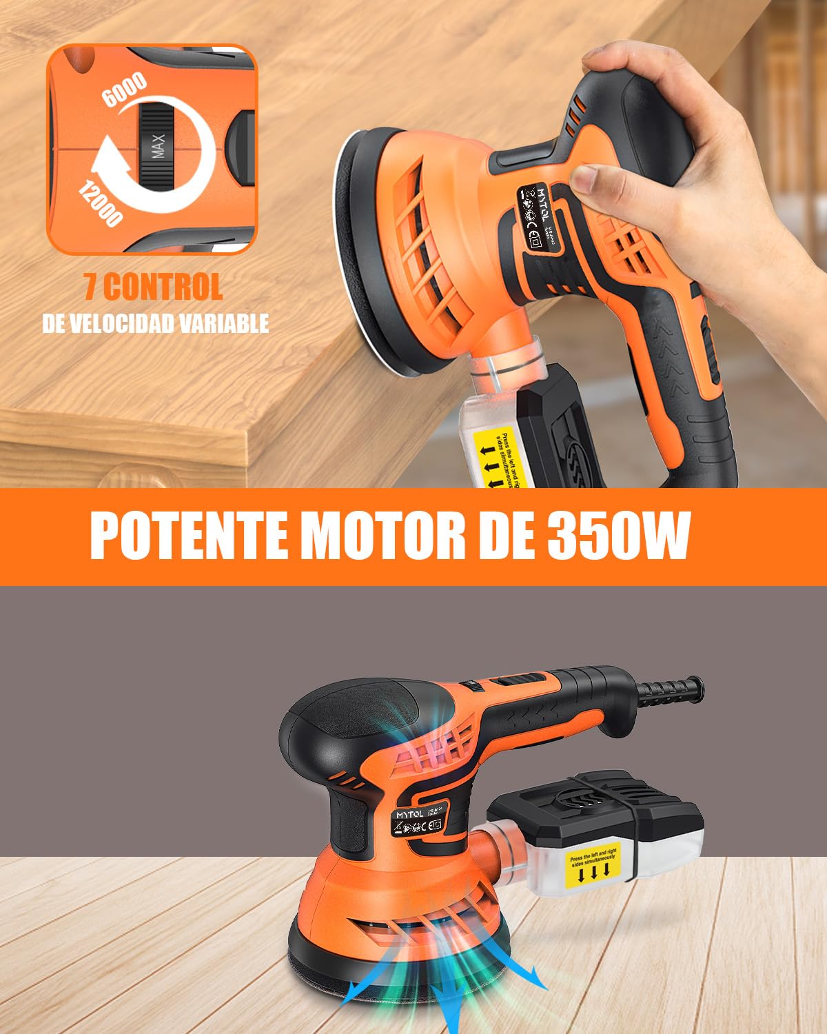 MYTOL Lijadora Madera 350W, 7-Velocidades Variables, 14pzs Papel de Lija(2pzs Papel de Lija Libre de Polvo)& Colector de Polvo,6000-13000 U/min, 125MM Lijadora Orbital para Trabajar Madera/Lijar/Pulir