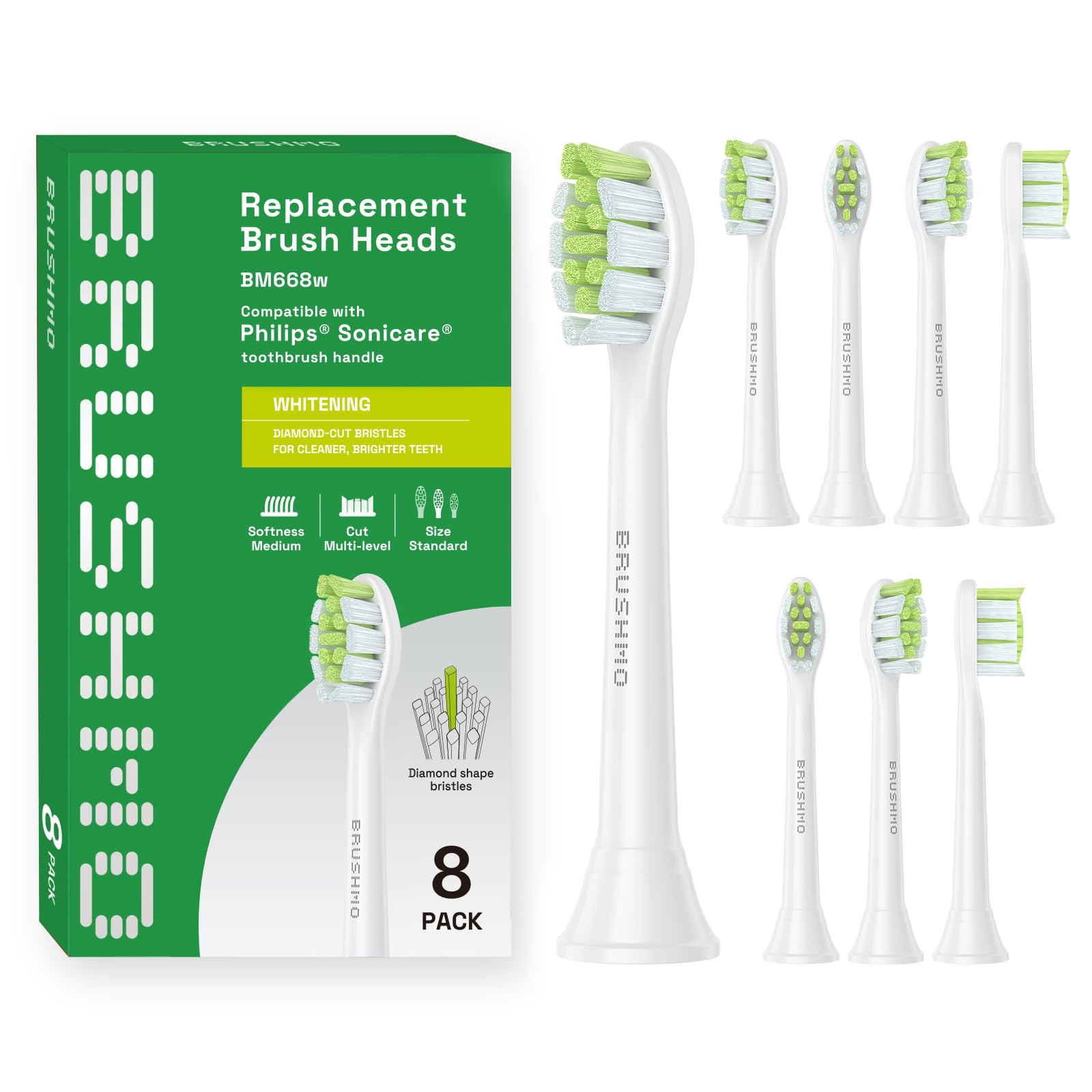 Brushmo Diamond-Shape Whitening Replacement Toothbrush Heads, Compatible with Philips Sonicare Click-on Electric Toothbrush Handles, 8 Standard Heads, Medium Firm Dupont Bristles, BM668, White