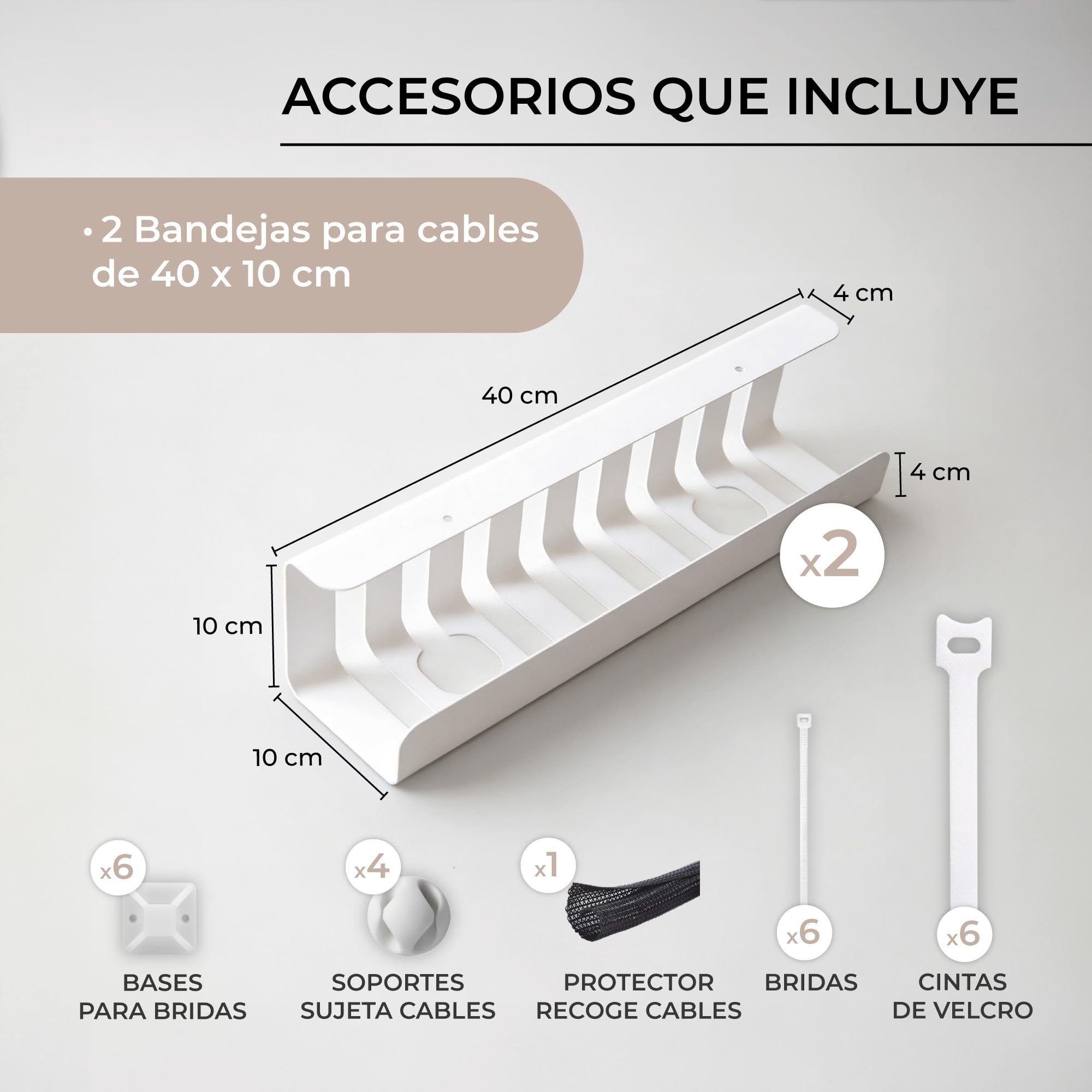 Pack 2 Organizadores de Cables para Escritorio | Bandejas para Cables de 40x10 cm en Blanco Mate | Ideal para Mesa de Oficina, Gaming o TV