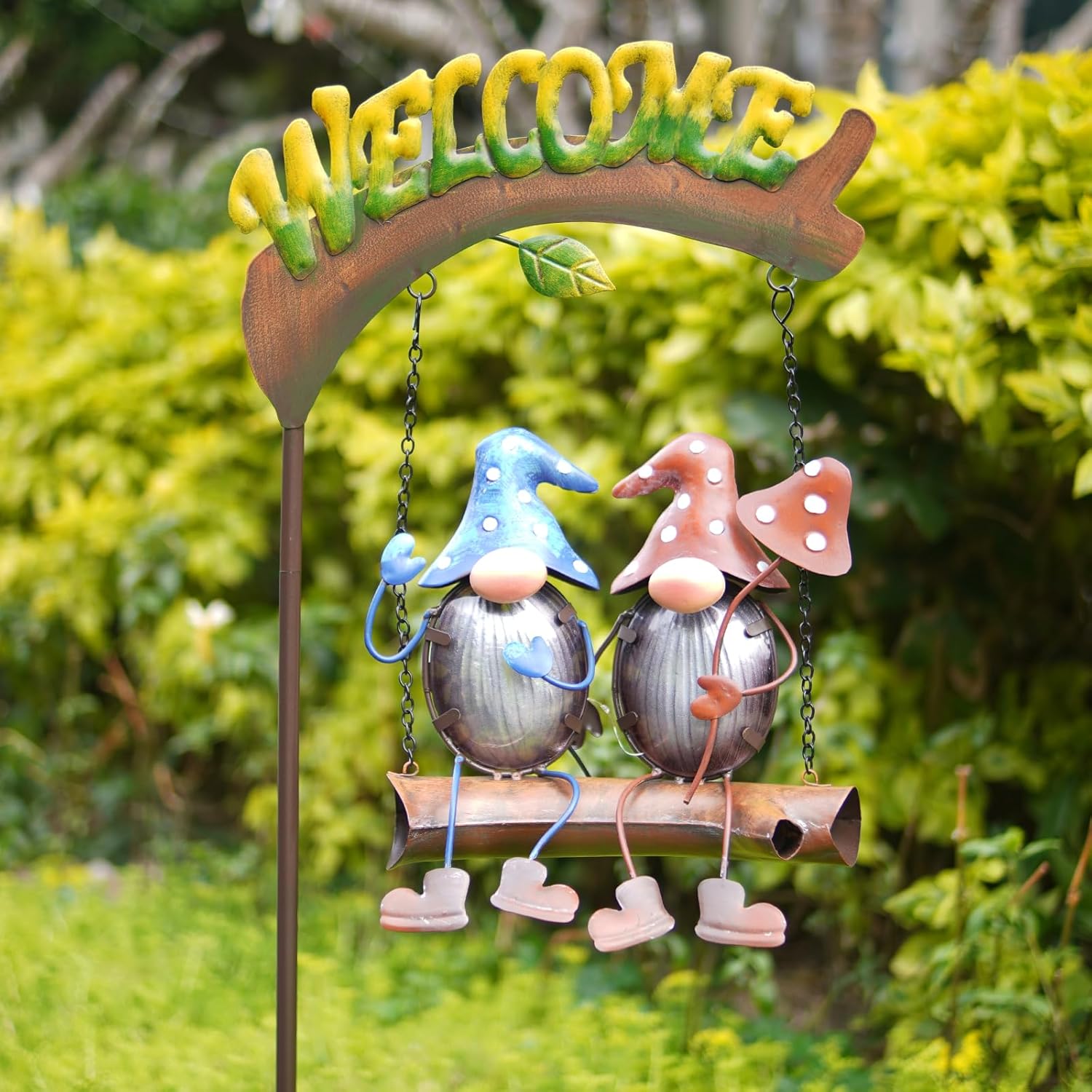 HONGLAND Metal Gnome Yard Art Outdoor Garden Gnome Statue 18 Inch and Solar Lights Outdoor Decor, Gnomes Swing Garden Decor,