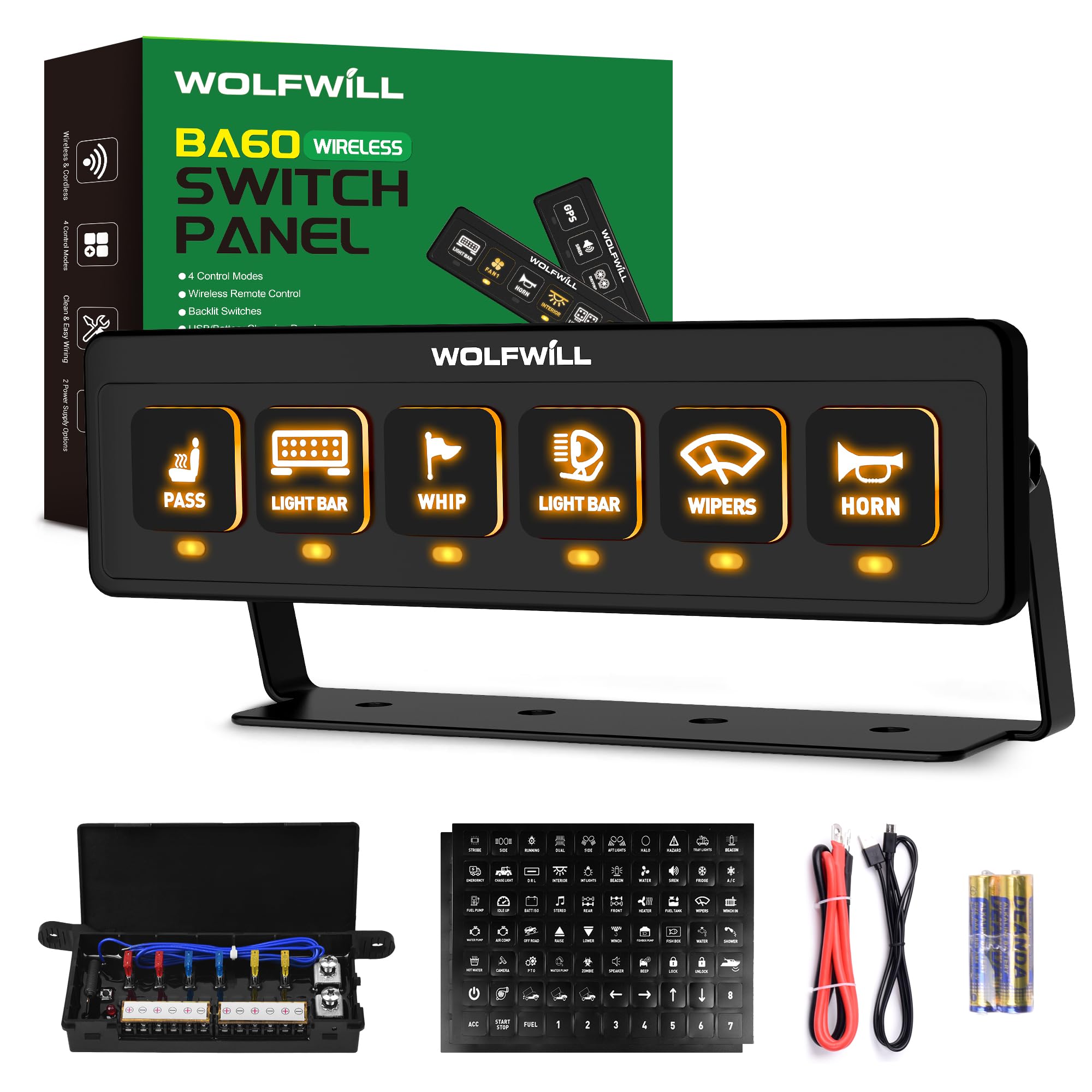 WOLFWILL Wireless 6 Gang Switch Panel, 164 Ft Remote with 4 Control Modes Memory Function, Multi-Function Toggle Switches, 12V 80A Universal Switch