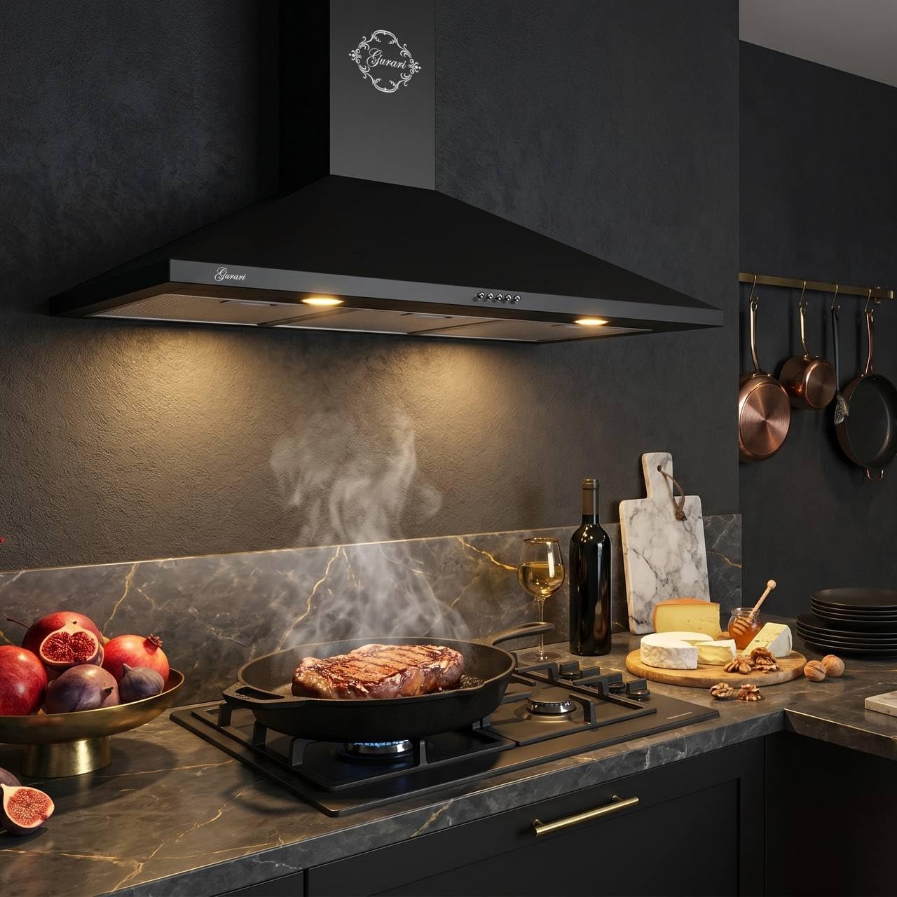 Gurari Okap kuchenny 90 cm GCH C 147 BL 9 N • okap ścienny czarny • wydajny silnik 1000 m³/h • okap wyciągowy i obiegowy • oświetlenie LED • metalowy filtr tłuszczu • okap kuchenny czarny